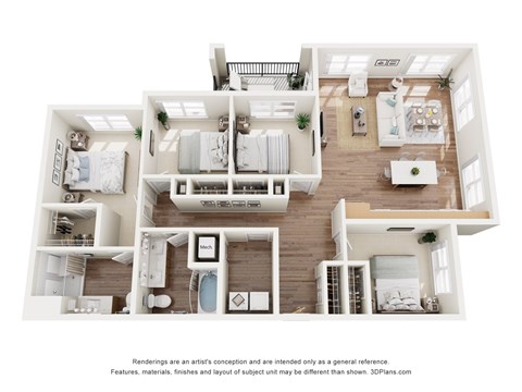Floor plan for 4 beds, 2 baths, 1383 sqft